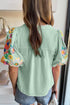 Floral Embroidered Puff Sleeve Split Neck Blouse